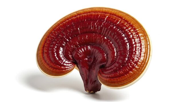 A beautiful, glossy Ganoderma mushroom is showcased in a studio shot, rotating slowly against a clean white background. The detailed macro view highlights its lacquered, reddish-brown surface and uniq