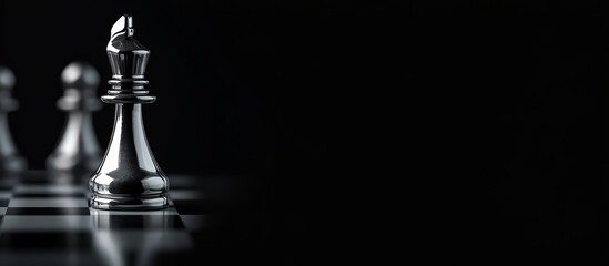Silver chess king piece on a dark chessboard with blurred pawns in the background