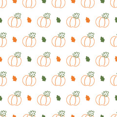 Obraz premium Hand Drawn Pumpkin and Leaves Fall Season Seamless. Seamless vector pattern of hand-drawn pumpkin doodles, Perfect for autumn, harvest, Thanksgiving, or seasonal nature-themed designs.