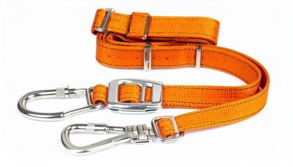 Orange safety lanyard with double locking snap hooks for fall protection and work positioning, isolated on a white background