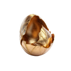 Golden Egg Shell with Intricate Leaf Design, Cracked Open, Revealing Inner Gold
