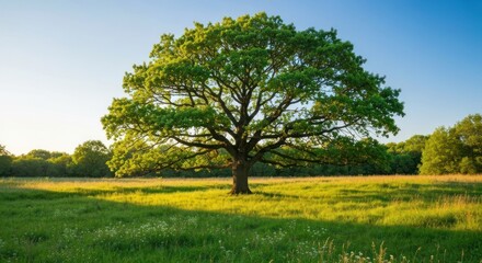 Majestic oak tree in sunlit meadow