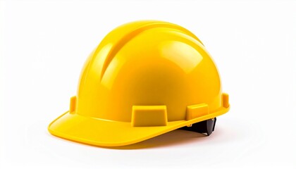 Fototapeta premium A single bright yellow hard hat with a smooth plastic surface, isolated on a white background. Essential safety headwear for construction and industrial work