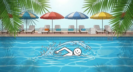 Animated stick figure swimming in a bright blue pool, set against colorful sun umbrellas, lounge chairs, and palm trees, symbolizing a perfect summer vacation