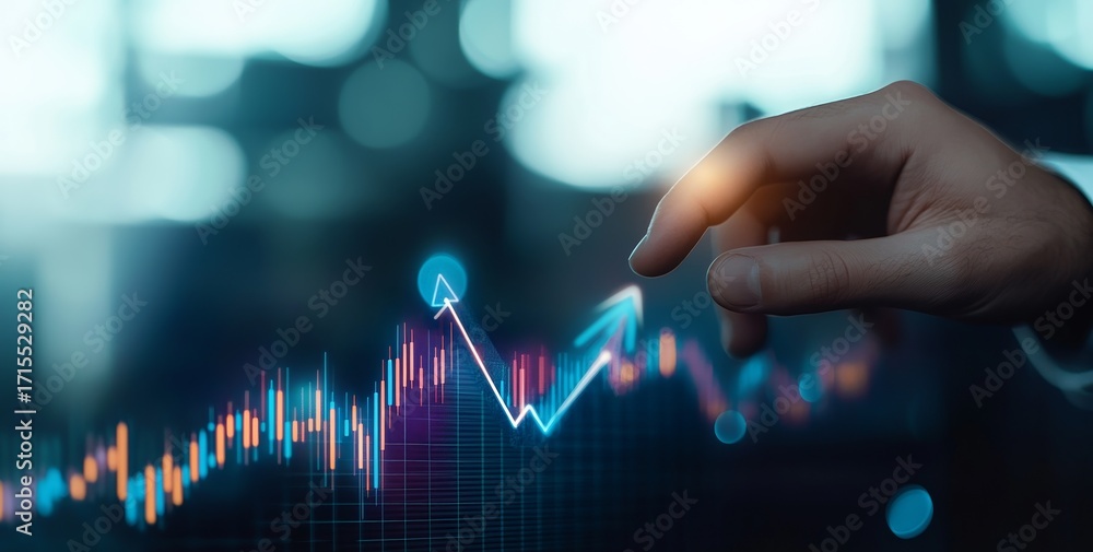 Poster hand pointing at a rising digital stock chart with glowing arrows and data points on a dark backgrou