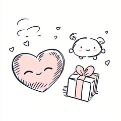 Pink heart smiling face gift box wrapped in ribbon cute doodle character cheerful illustration