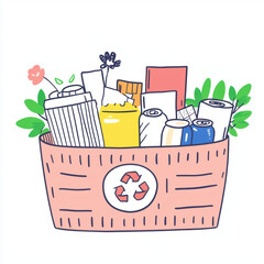 Recycling bin with paper can bottle and aluminum cans surrounded by leaves and flowers conveying eco friendly habit