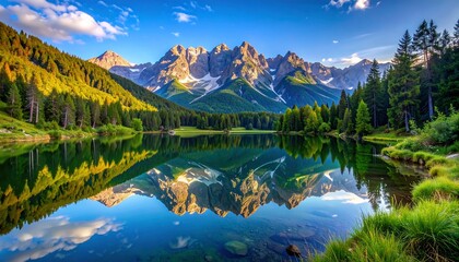 Picturesque alpine lake reflecting majestic mountain peaks beneath a vibrant sky.
