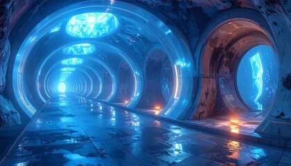 A futuristic tunnel with concentric arched openings, bathed in vibrant blue and orange lighting, creating a captivating and ethereal atmosphere.