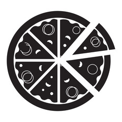 black and white silhouette of a pizza vector on a white background