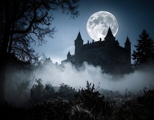 Spooky castle at night under a full moon (1)