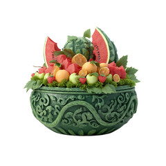 Lush Summer Fruit Bowl  Ornate Carved Vessel Overflowing with Watermelon, Apples, and Citrus