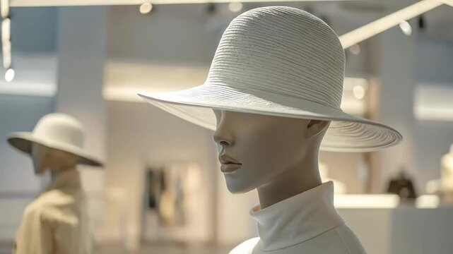 Mannequin Display: Elegant White Hat in Fashion Store