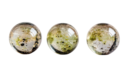 Three Speckled Transparent Spheres on Black Background