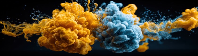 Vibrant blue and yellow smoke clouds swirling together creating dynamic abstract artwork with detailed textures and dramatic contrast