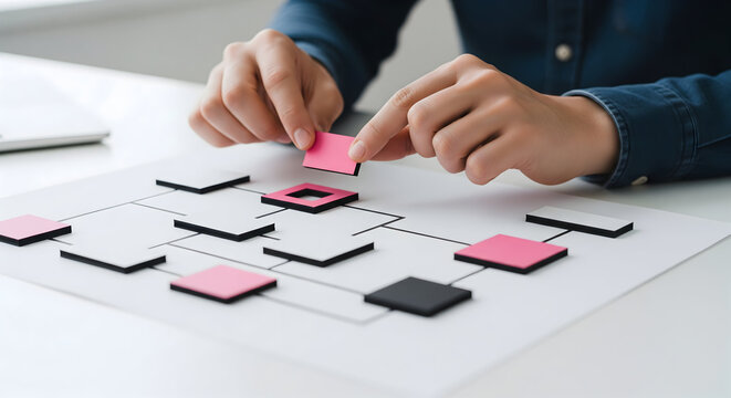Strategizing business process with colorful blocks on flow chart