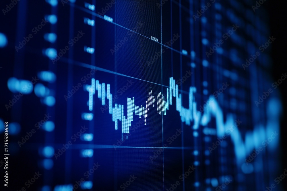 Poster digital financial chart displaying stock market data with candlestick patterns on a blue screen back