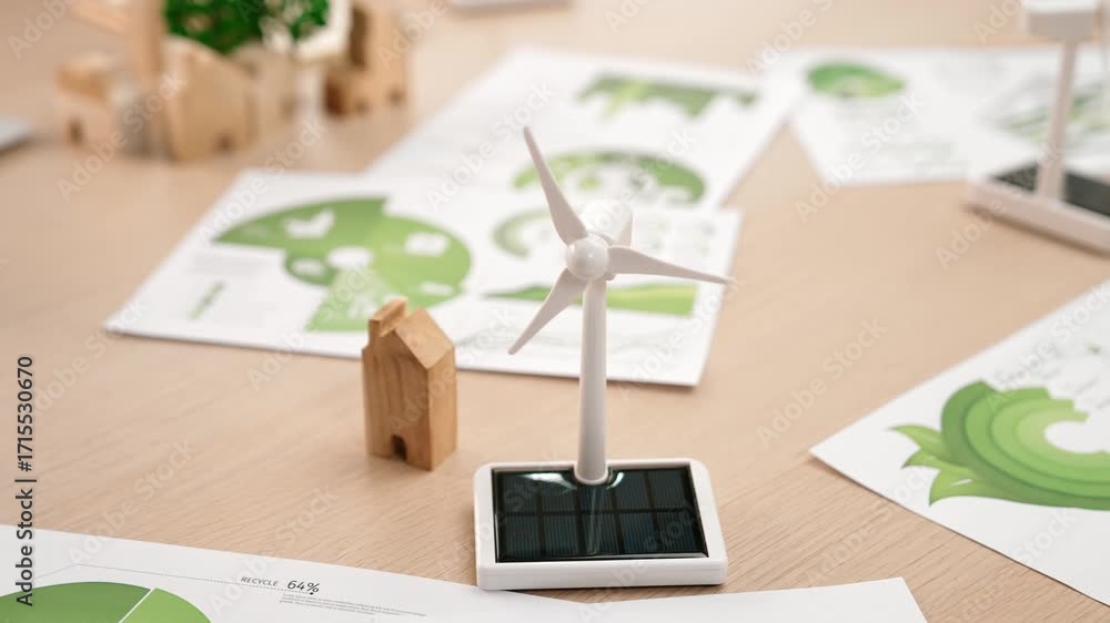 Poster windmill model represented using clean energy and wooden block symbolized ecology house. green power