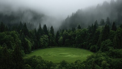 Misty mountain forest with a circular, mowed clearing in the foreground, showing lush green grass encircled by dense, dark evergreen trees, all shrouded in a thick, gray fog