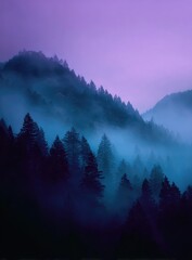 Misty mountain range at twilight, shrouded in a thick, purplish-blue fog, silhouettes of dark evergreen trees emerging from the ethereal mist