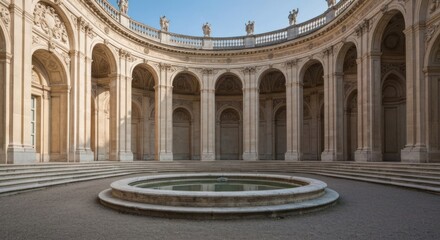 A serene, sunlit courtyard with a central fountain.  Arched colonnades encircle a circular basin