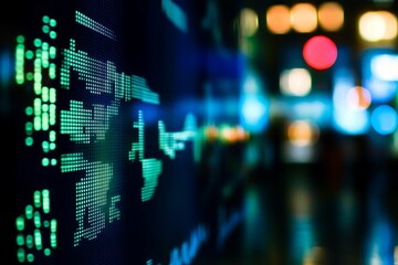 Obraz premium Digital stock market display with green numerical data and blurred city lights in the background