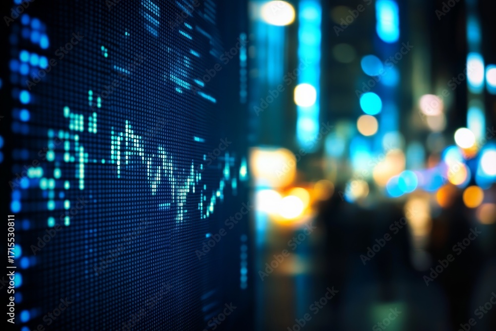 Poster digital display showing data stream with blurred city lights in background