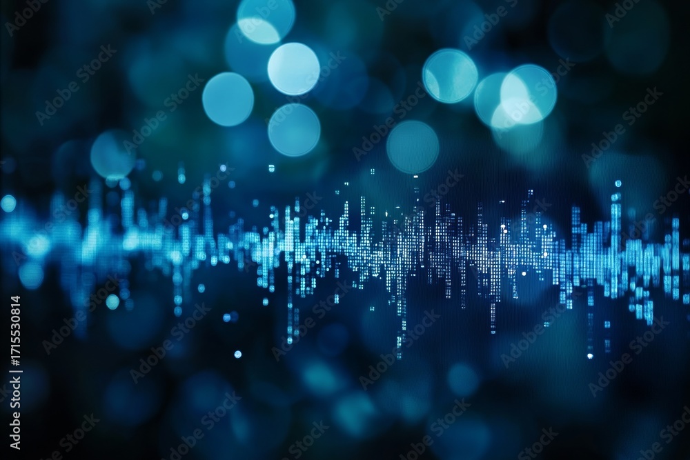 Poster digital audio waveform visualization with blue bokeh background