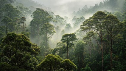 Misty mountain valley shrouded in fog, lush green canopy of tall trees, sunlight filtering through the clouds, creating a serene and mystical atmosphere