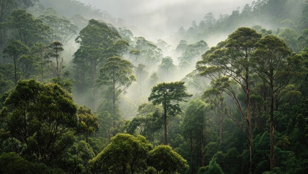 Misty mountain valley shrouded in fog, lush green canopy of tall trees, sunlight filtering through the clouds, creating a serene and mystical atmosphere