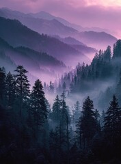 Misty purple mountain valley at dawn, showcasing layers of rolling hills shrouded in fog, with tall, dark evergreens in the foreground.  A tranquil and serene landscape bathed in soft, ethereal light