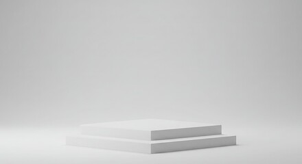 A minimalist white two-step podium on a clean, bright background for product display or presentation.