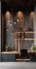 Modern minimalist home office with dark wood wall paneling, concrete accents, recessed lighting, floating shelves, and a sleek desk.  Pendant lights hang above the desk. Plants add a touch of nature