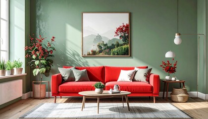 Stylish interior design showcasing a vibrant red sofa and nature-inspired decor