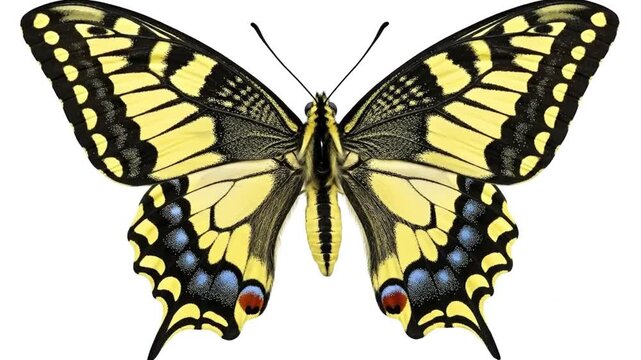 A beautifully detailed yellow swallowtail butterfly with black markings is isolated on a crisp white background. This macro perspective reveals the insect's intricate wing patterns, vibrant colors, an