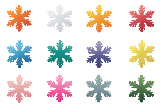 Twelve Colorful Pixelated Snowflakes on Black Background