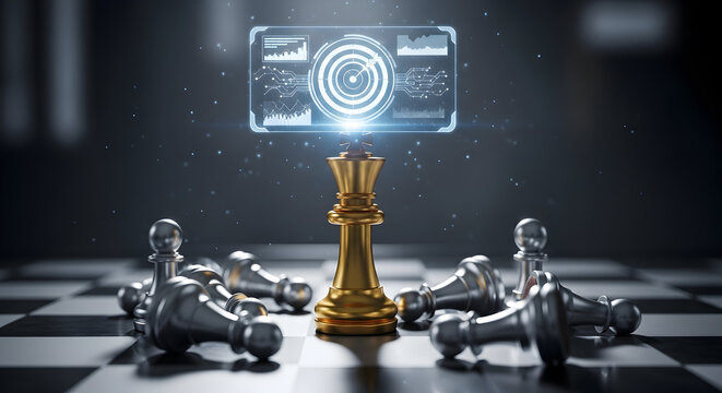 Golden chess king stands victorious over fallen pieces with digital strategy display