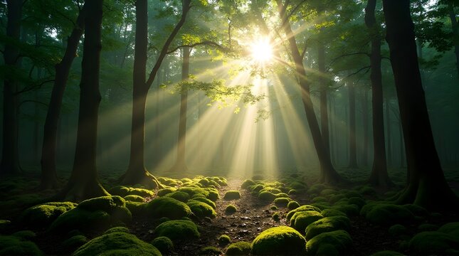 Golden Sunbeams Streaming Through a Lush, Mossy Forest - Powered by Adobe