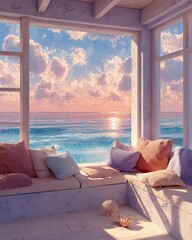 Obraz premium Coastal Living at its Finest SunDrenched Window Seat Overlooking the Ocean