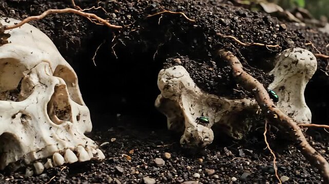 Ancient Skeletal Remains Half Buried In Woodland Ground