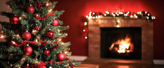 Christmas tree decorated with red ornaments and lights near a lit fireplace with festive garland