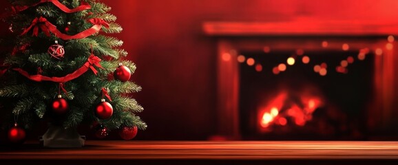 Christmas tree decorated with red ornaments and ribbons beside a warm, glowing fireplace