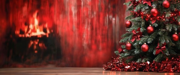 Christmas tree decorated with red ornaments and bows near a fireplace with glowing flames