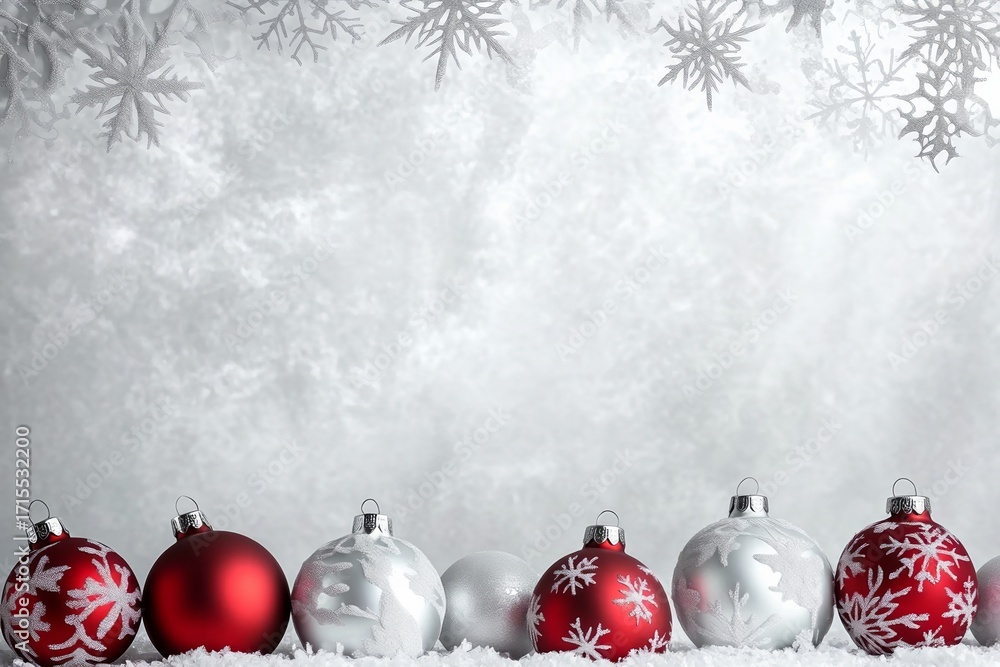Poster row of red and silver christmas ornaments with snowflake patterns on a snowy background