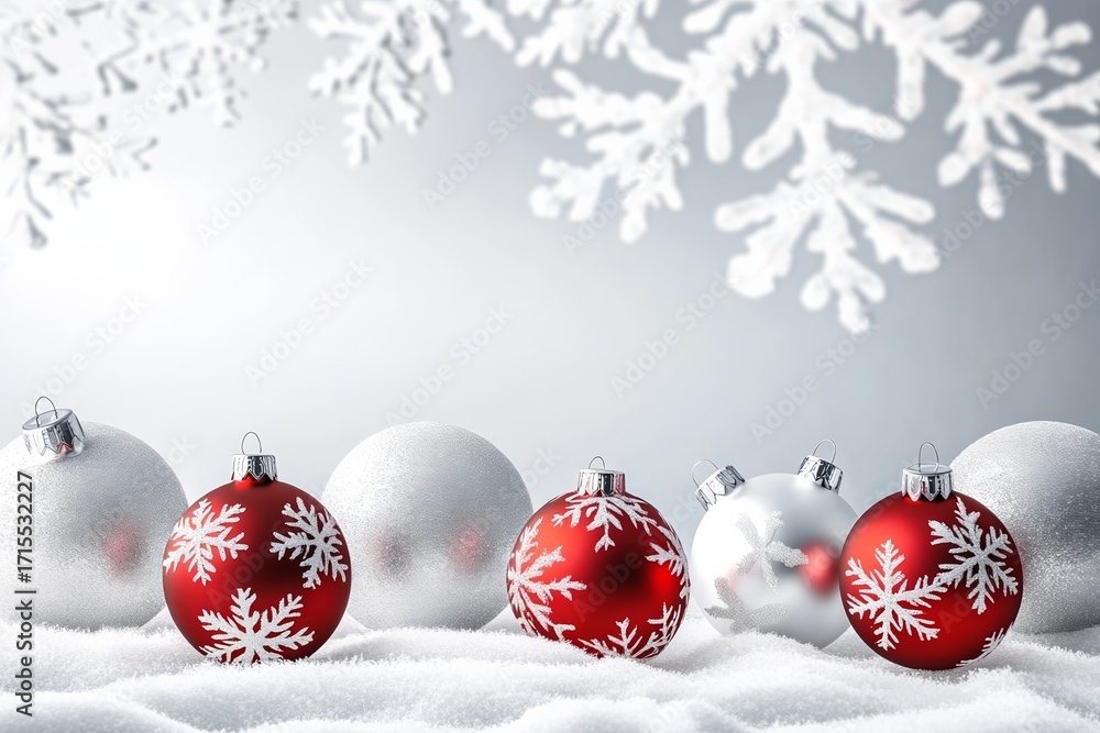Poster red and silver christmas ornaments with snowflake patterns arranged on a snowy surface against a whi