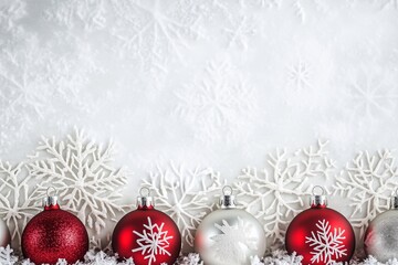 Red and silver Christmas ornaments with snowflakes on a white snowy background