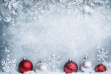 Christmas ornaments and snowflakes on a frosty background with pine branches