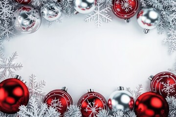 Christmas ornaments and snowflakes arranged in a border frame on a white background