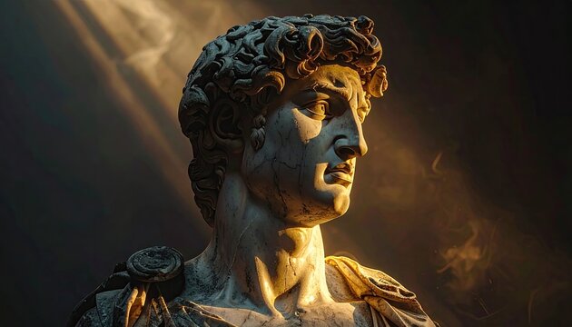 Marble Statue in Dramatic Lighting with Pixelated Effect Against Dark Background