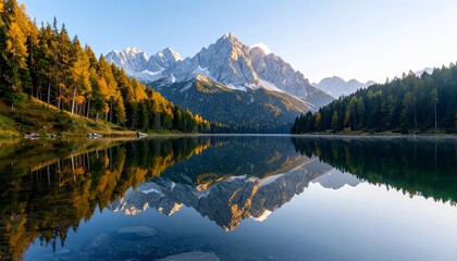 Fototapeta premium Serene mountain lake reflecting autumnal foliage and snowy peaks, showcasing a tranquil and picturesque landscape.